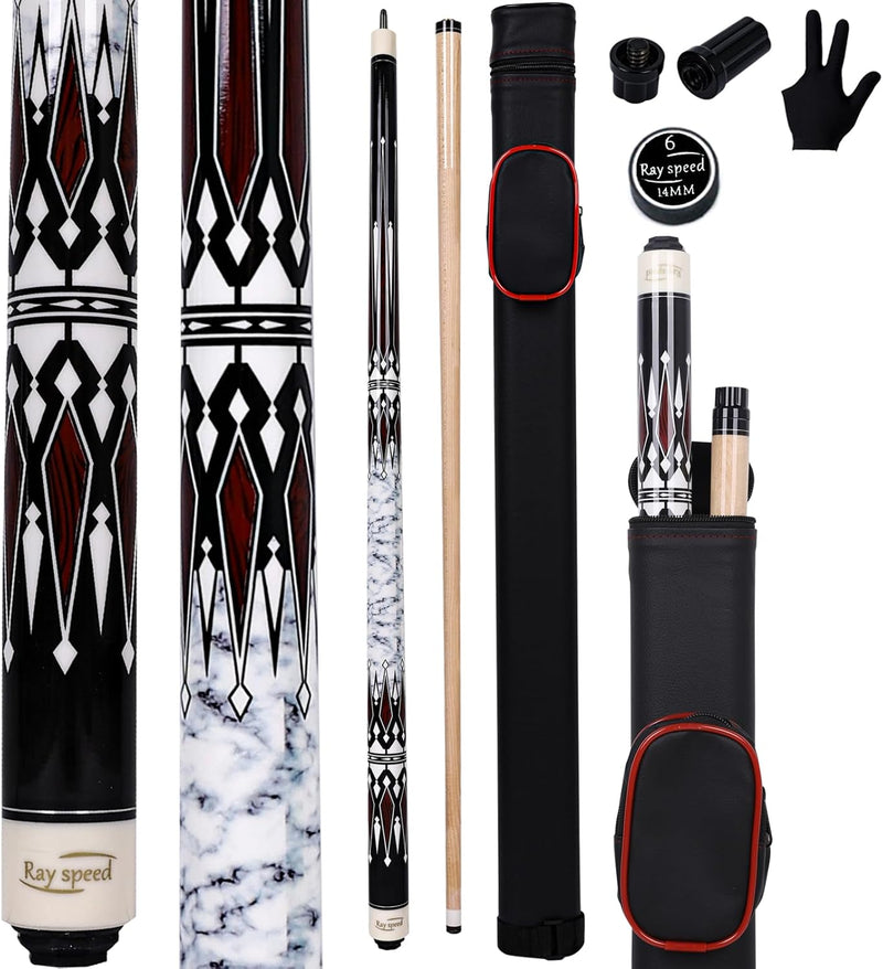 Professional White Pool Cue Stick 58" 20oz, Glove, and Case