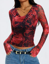2026 Floral Mesh Tight Fit Long Sleeve Top