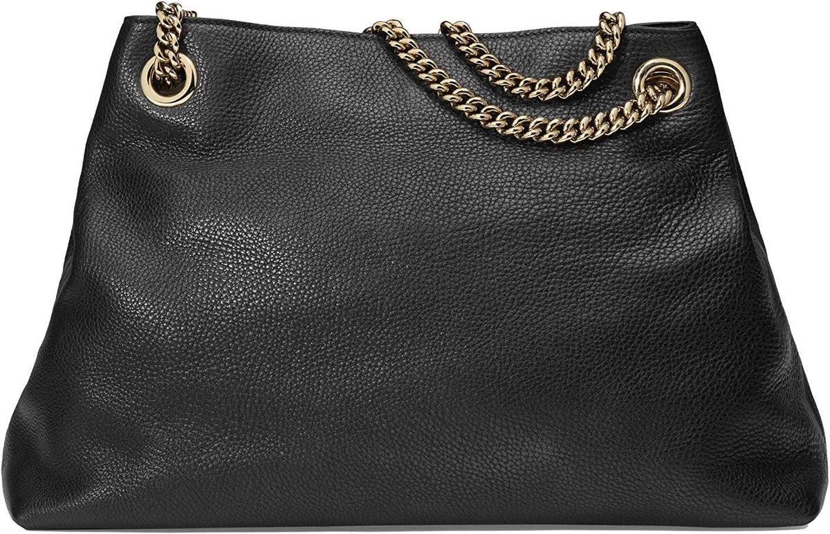 Gucci Soho Medium Black Double Leather Chain Shoulder Bag Tote Black Gold New