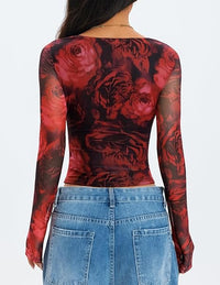 2026 Floral Mesh Tight Fit Long Sleeve Top
