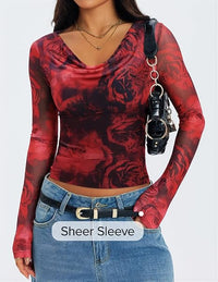 2026 Floral Mesh Tight Fit Long Sleeve Top