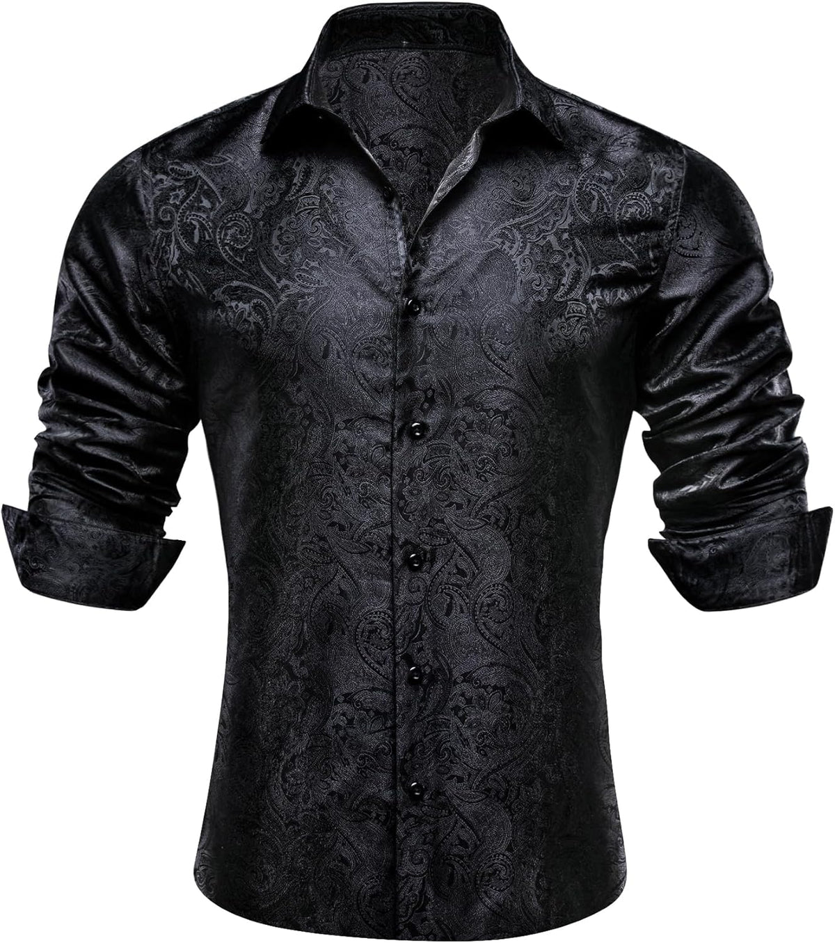 Silk Paisley Long Sleeve Button Down Shirt Black