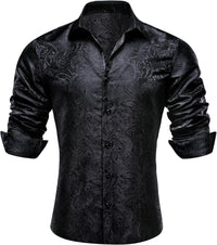 Silk Paisley Long Sleeve Button Down Shirt Black