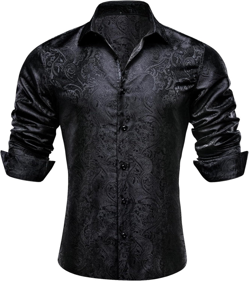 Silk Paisley Long Sleeve Button Down Shirt Black
