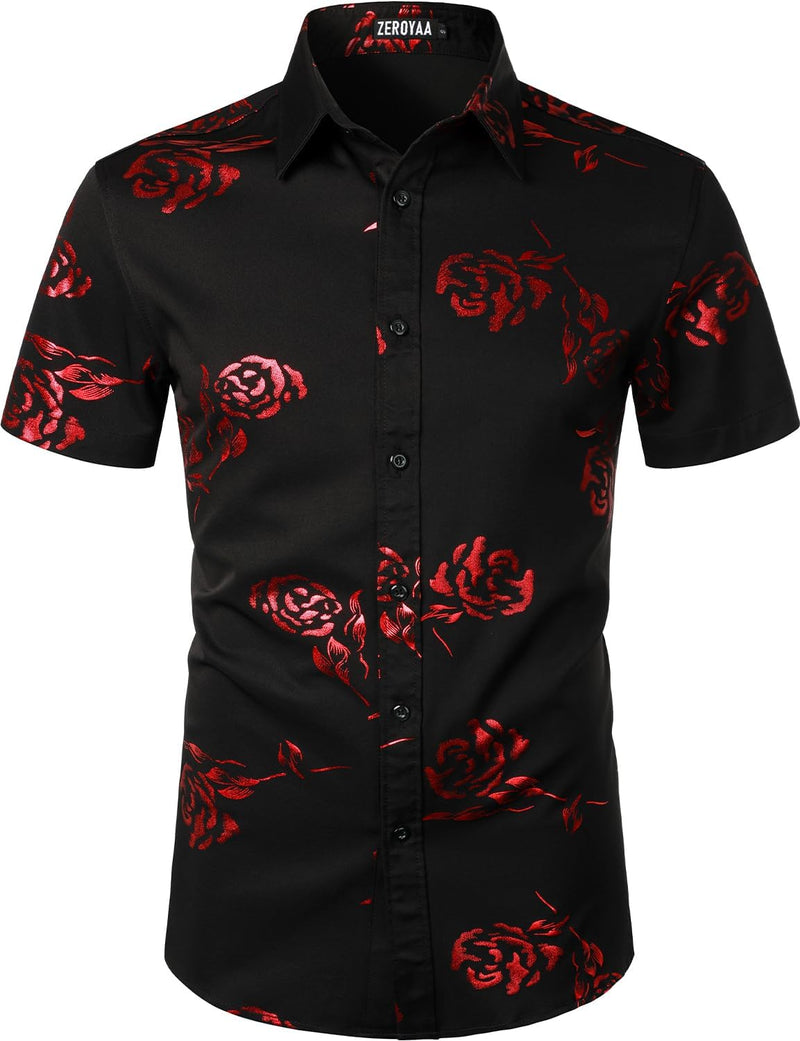 Hipster Rose Printed Slim‑Fit Short Sleeve Shirt