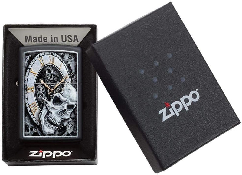 Zippo Skull Clock Design Black Matte Pocket Lighter