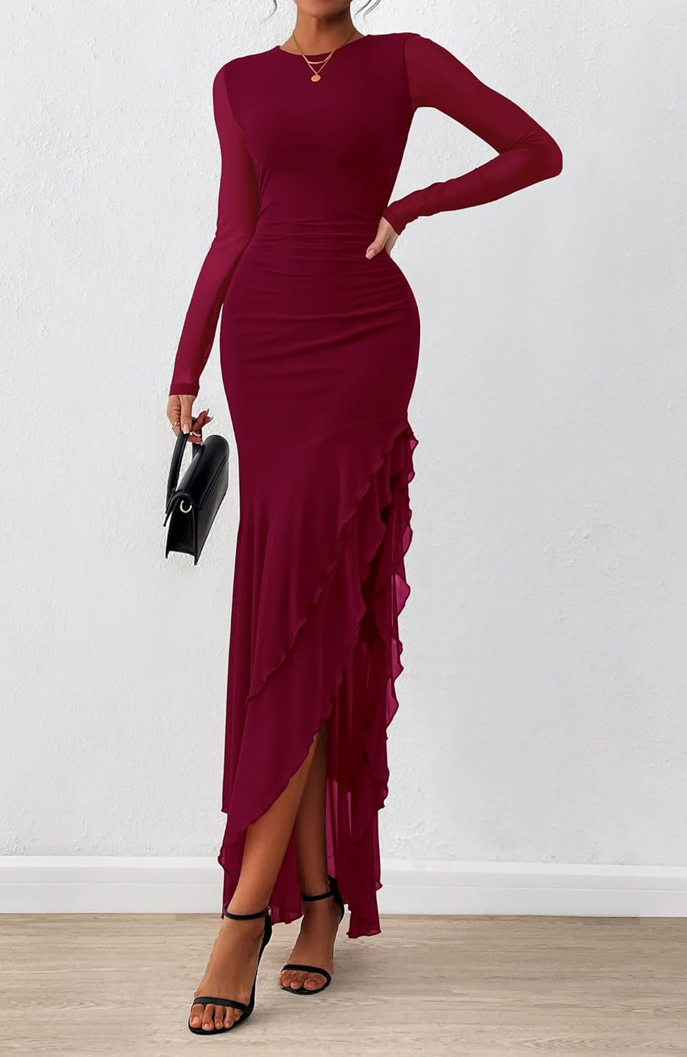 BTFBM Women'S Maxi Dresses Spring 2026 Long Sleeve Ruched Bodycon Solid Ruffle Mermaid Cocktail Wedding Guest Dress