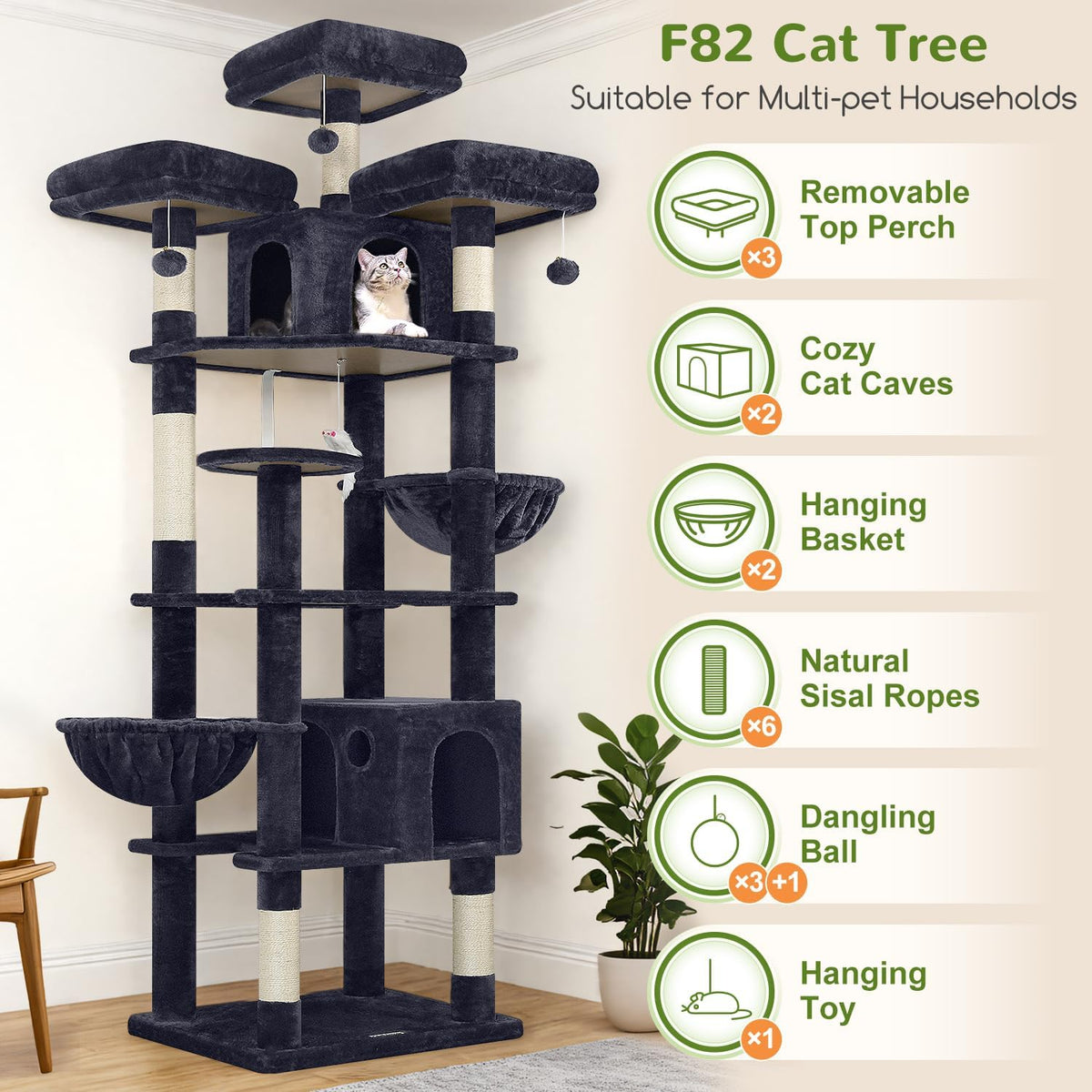 Quality XXL Tall Cat Tree Tower 82in