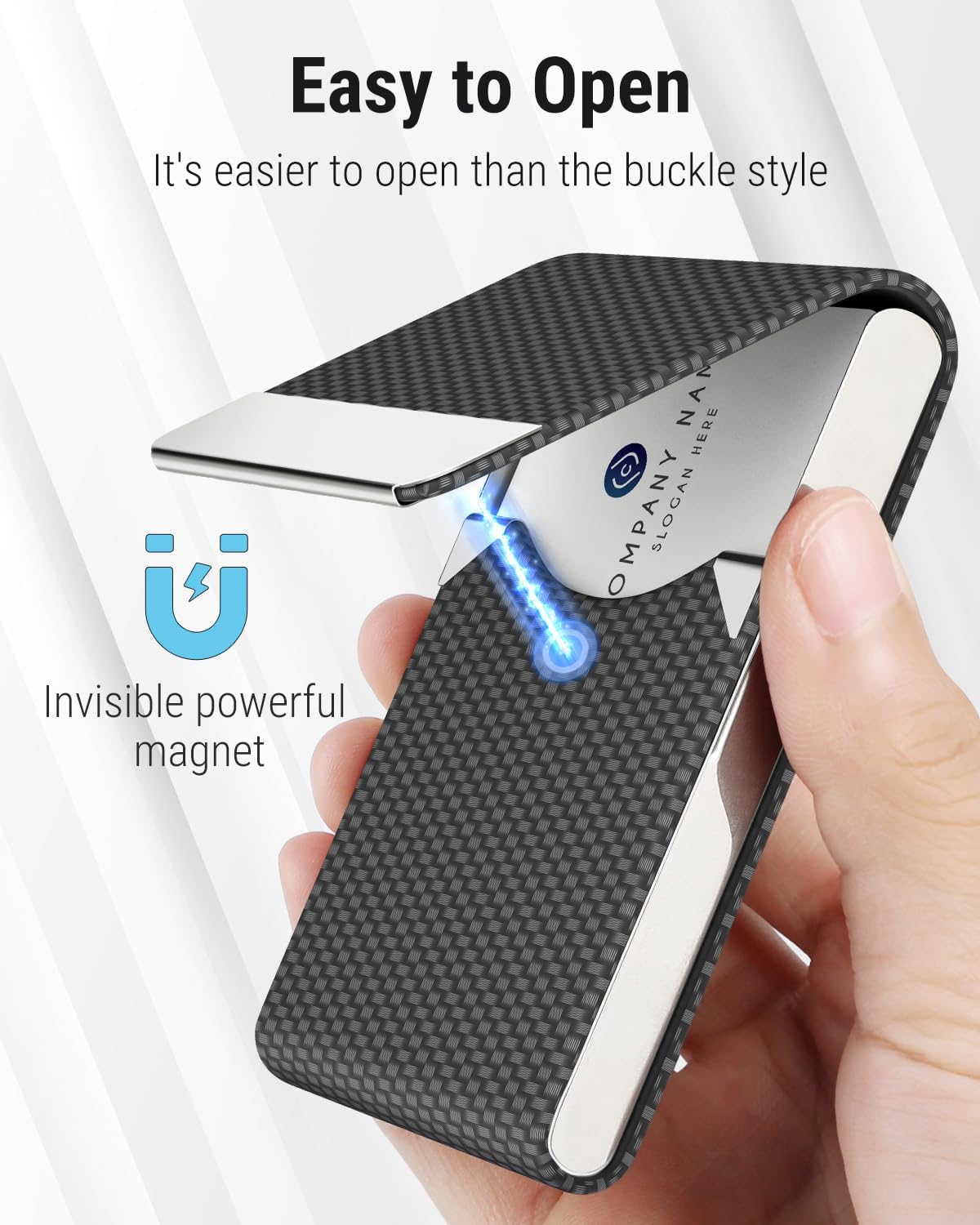 Business Card Holder, PU Leather & Stainless Steel Business Card Case for Men or Women, Slim Name Cards Holder RFID Blocking Credit Cards Carrier with Magnetic Closure, Black Carbon