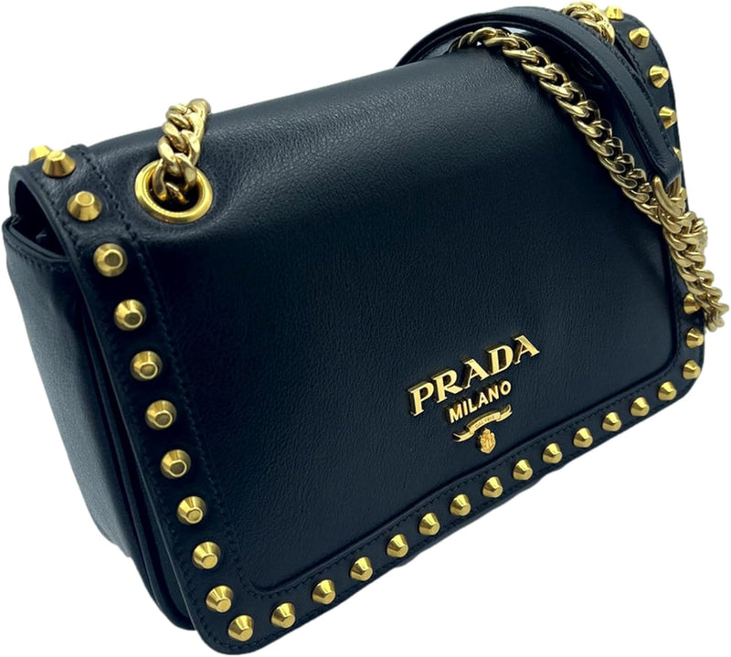 Prada Blue Black Glace Leather Studded Trim Crossbody Handbag 1BD147