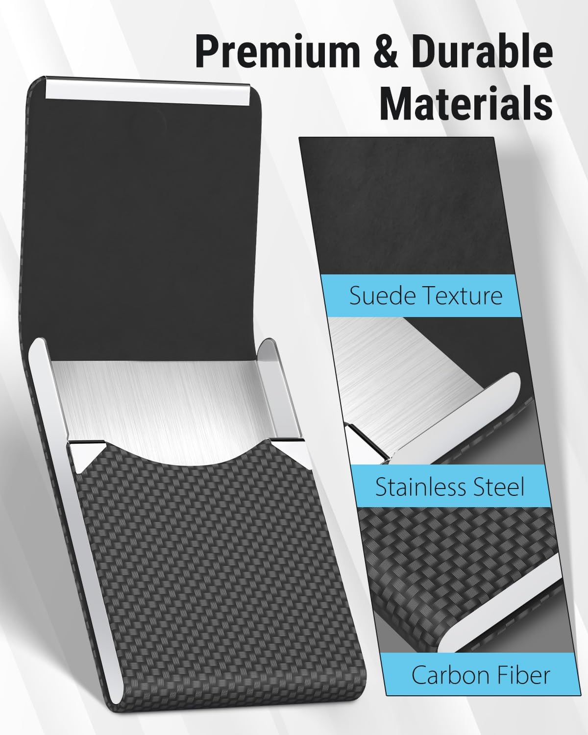 Business Card Holder, PU Leather & Stainless Steel Business Card Case for Men or Women, Slim Name Cards Holder RFID Blocking Credit Cards Carrier with Magnetic Closure, Black Carbon