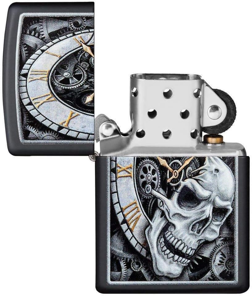 Zippo Skull Clock Design Black Matte Pocket Lighter