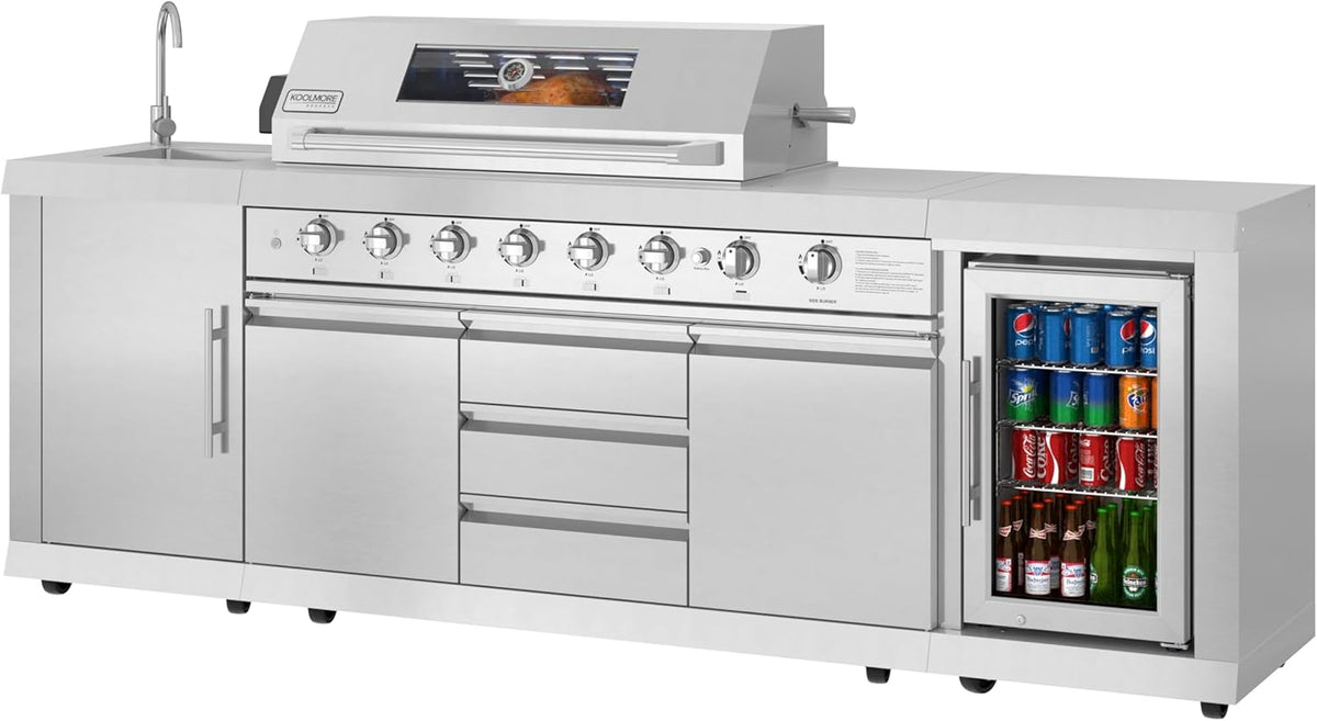 Outdoor Island with 6 Burner Grill, Sink, Storage Cabinet, and Beverage Refrigerator