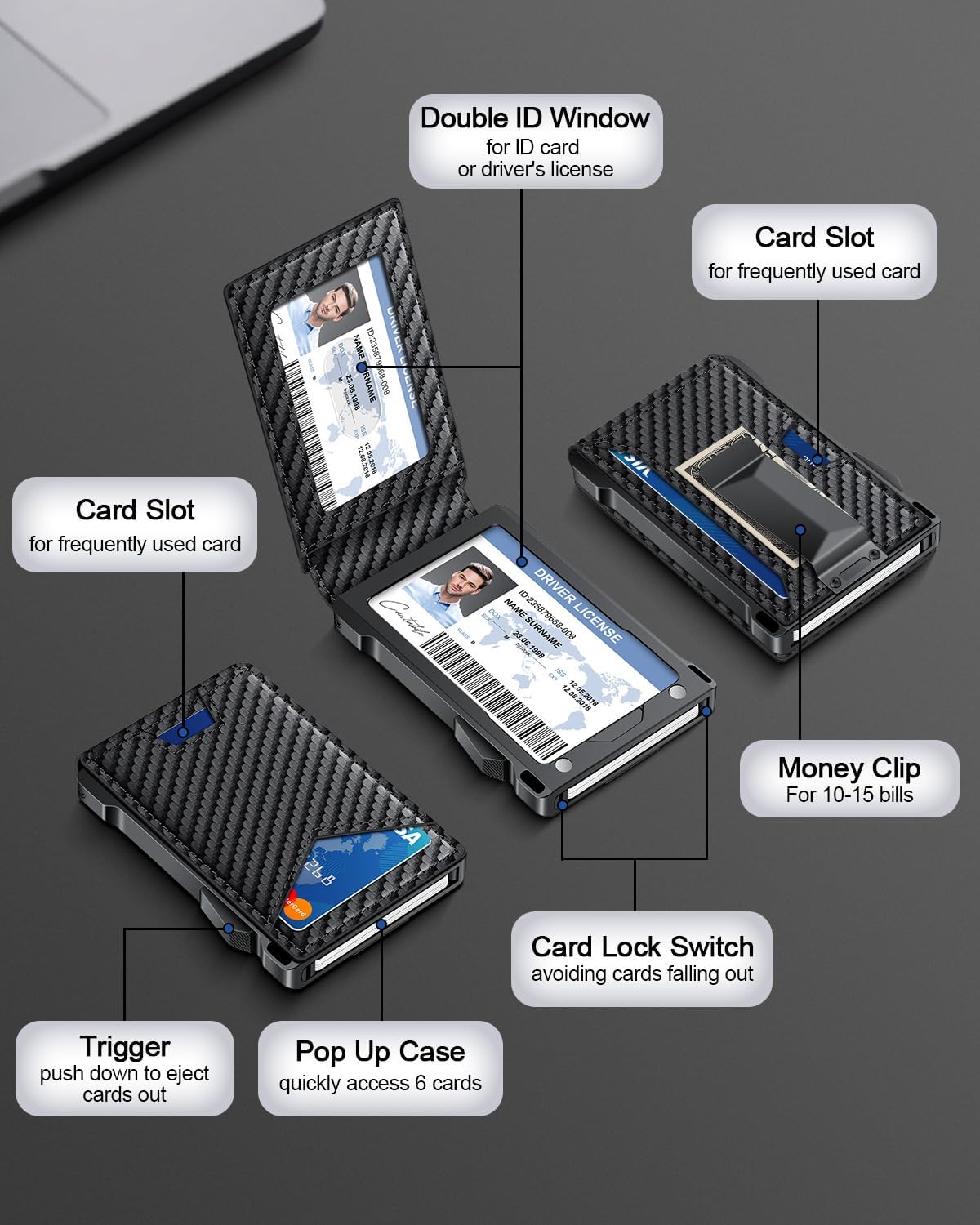 Carbon Fiber RFID Wallet with 2 ID Windows & Money Clip