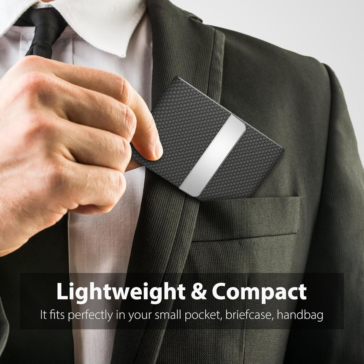 Business Card Holder, PU Leather & Stainless Steel Business Card Case for Men or Women, Slim Name Cards Holder RFID Blocking Credit Cards Carrier with Magnetic Closure, Black Carbon