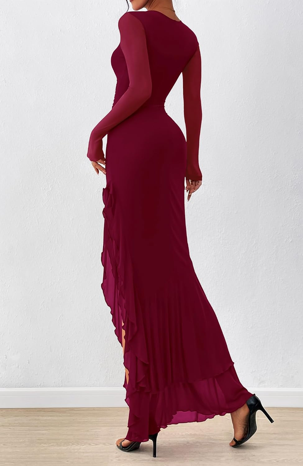 BTFBM Women'S Maxi Dresses Spring 2026 Long Sleeve Ruched Bodycon Solid Ruffle Mermaid Cocktail Wedding Guest Dress