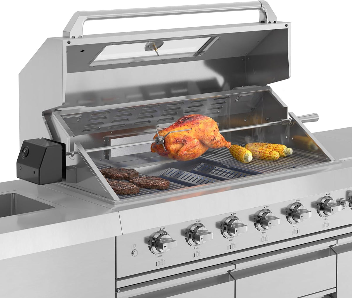 Outdoor Island with 6 Burner Grill, Sink, Storage Cabinet, and Beverage Refrigerator