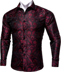 Silk Paisley Long Sleeve Button Down Shirt Red