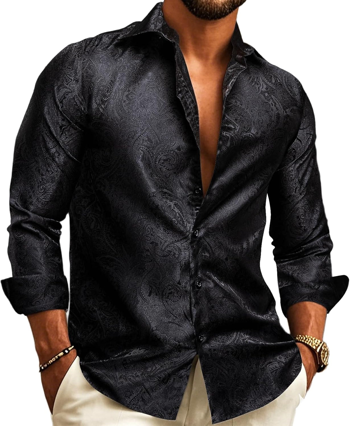Silk Paisley Long Sleeve Button Down Shirt Black