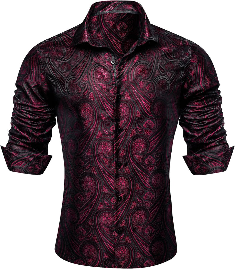 Silk Paisley Long Sleeve Button Down Shirt Red