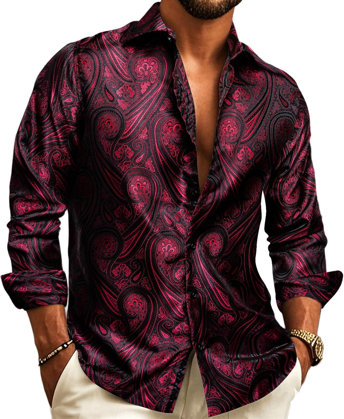 Silk Paisley Long Sleeve Button Down Shirt Red