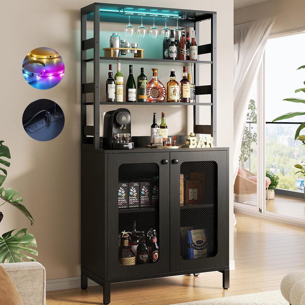 Bar Cabinet 67” Tall with Power Outlets & LED Lights