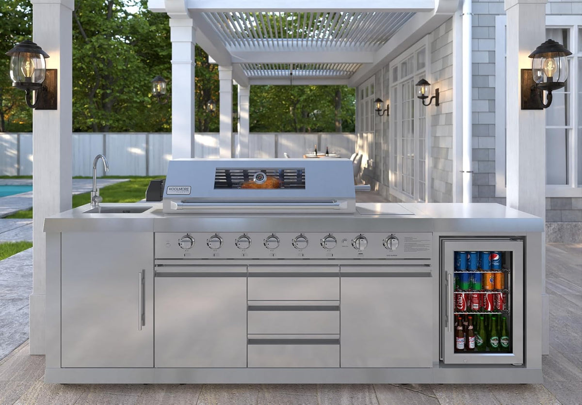 Outdoor Island with 6 Burner Grill, Sink, Storage Cabinet, and Beverage Refrigerator