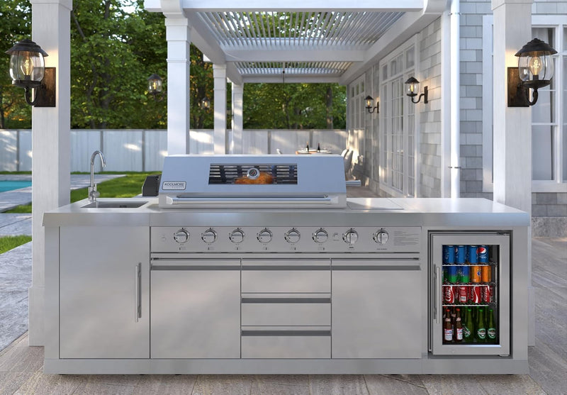 Outdoor Island with 6 Burner Grill, Sink, Storage Cabinet, and Beverage Refrigerator
