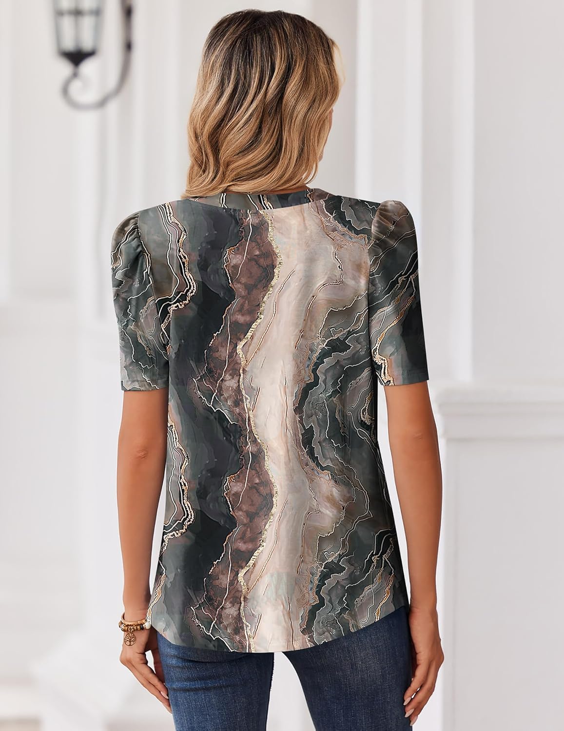 Zeagoo Women Blouses Puff Short Sleeve Tops V Neck Dressy Casual Spring Shirts Boho Floral Cute Clothes 2026