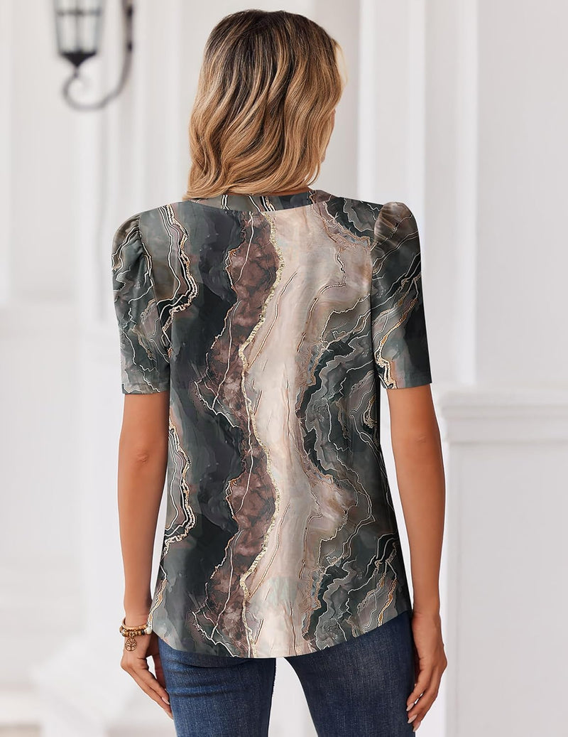 Zeagoo Women Blouses Puff Short Sleeve Tops V Neck Dressy Casual Spring Shirts Boho Floral Cute Clothes 2026