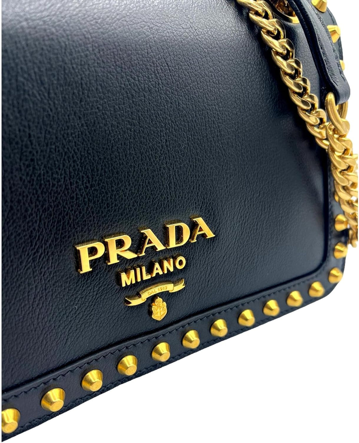 Prada Blue Black Glace Leather Studded Trim Crossbody Handbag 1BD147