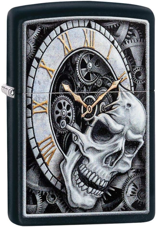 Zippo Skull Clock Design Black Matte Pocket Lighter