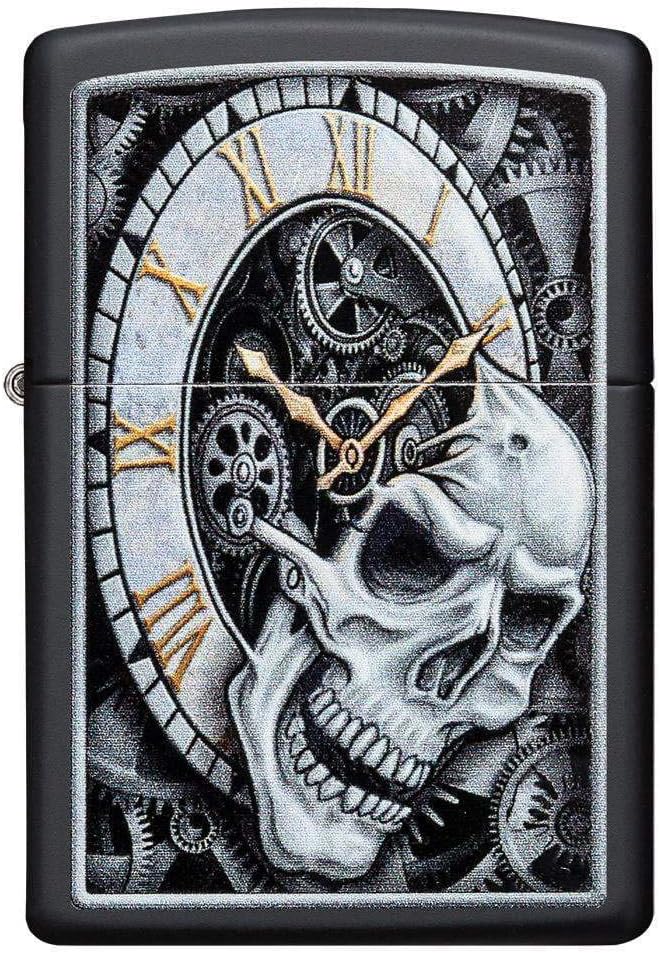 Zippo Skull Clock Design Black Matte Pocket Lighter