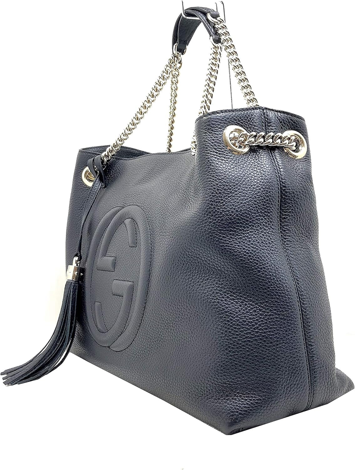 Gucci Soho Medium Black Double Leather Chain Shoulder Bag Tote Black Gold New