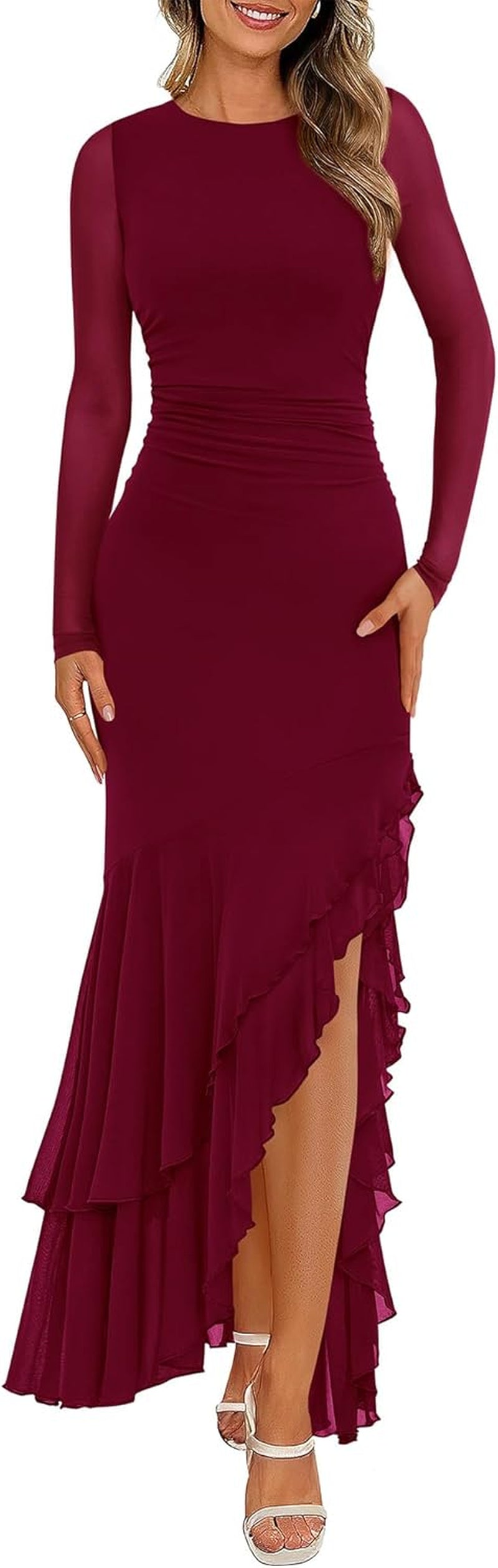 BTFBM Women'S Maxi Dresses Spring 2026 Long Sleeve Ruched Bodycon Solid Ruffle Mermaid Cocktail Wedding Guest Dress