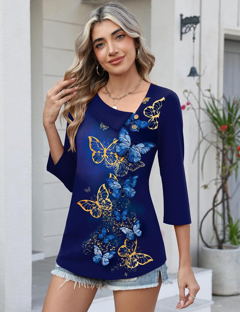 LUYAA Womens 3/4 Length Sleeve Square Neck Button Blouse Dressy Casual Asymmetrical Tunic Tops