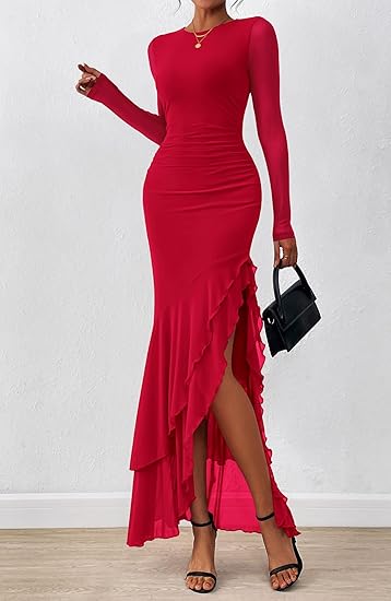 2026 Spring Ruffle Red Maxi Dress