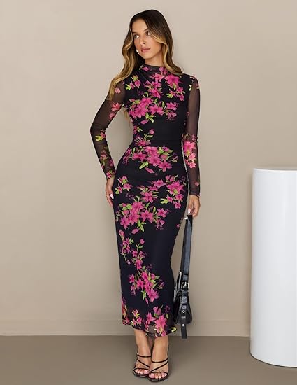 2026 Ladies Spring Black Floral Maxi Dress