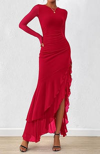 2026 Spring Ruffle Red Maxi Dress