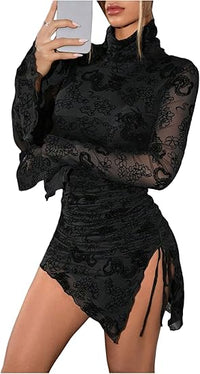 2026 Slit Long Sleeve Mesh Mini Dress